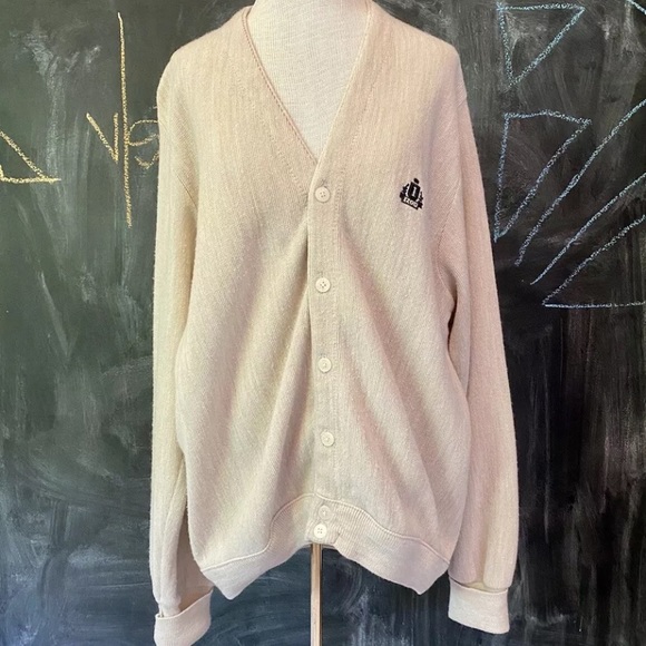 Vintage 80s Light Beige Button Down Grandpa Cardigan Sweater by Izod size M - Picture 1 of 7